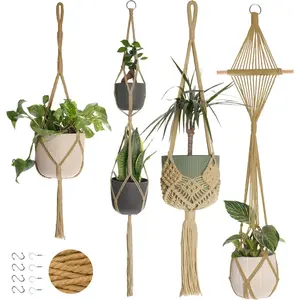 4 Pack Macrame  Hanger - Hanging Planters for Indoor , Boho  Holder with 8 Ceiling Hooks (Caramel)