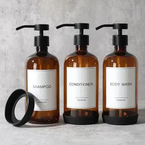 Plastic Shampoo and Conditioner Dispenser with Silicone Sleeves, 21 oz Amber Shower Soap Dispenser Bottles with Labels, Refillable Shampoo Conditioner Body Wash Dispensers Set of 3