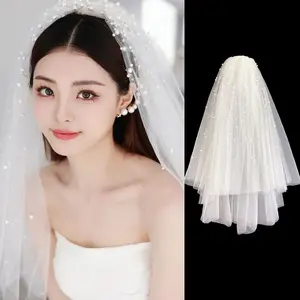 White Tulle Wedding Veil with Pearls - Elegant Layered Bridal Veil - Classic Bride Look - Trending TikTok Style