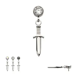 Titanium Threadless Bezel Round CZ Dangle Dagger Flatback Stud Earring