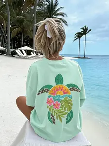 Women's Light Turtle Print Short Sleeve T-Shirt, Casual Fitted Comfortable Fashion Tee, Outdoor Campus Daily Wear