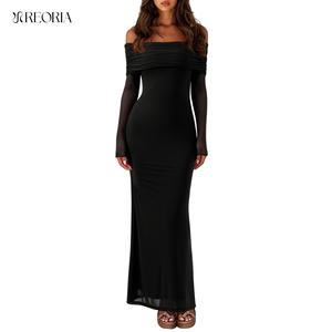 REORIA Women Off Shoulder Long Sleeve Dress Elegant Sexy Stretch Mesh Double Lined Slim Trendy Long Dresses