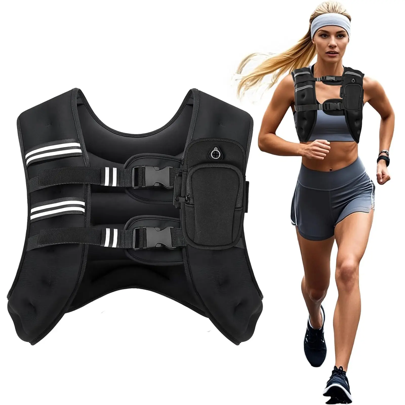 Unisex Adjustable Weighted Vest with Removable Iron Weights - H-Shape Design, Reflective Straps, Storage Pockets, 12/16 lbs Durable Home Gym Equipment, Strength Workout Equipment for Running Fitness Training, Durable Weighted Vest