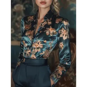 Elegant floral print women’s shirt — long-sleeve button-up (green gold); non-transparent office and wedding party outfit; machine washable professional apparel; menswear/womenswear tropical blouses