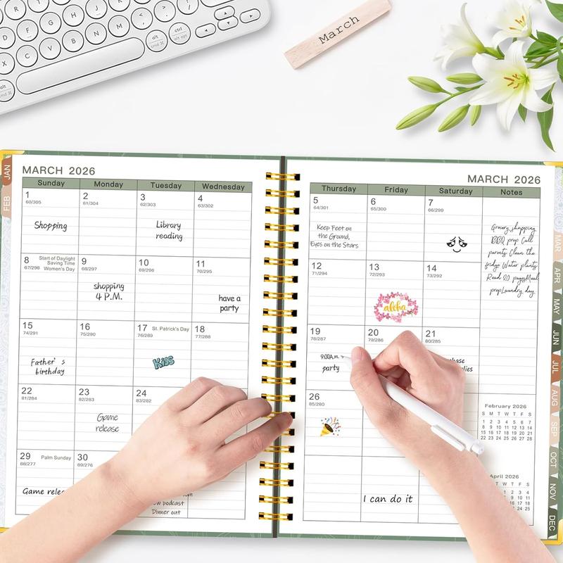 2026 Planner, Weekly and Monthly Planner from January 2026-December 2026, 8.4"x 6.1" Aesthetic Greenery Agenda Book with Back Pocket, Stickers, Coated Tabs, A5 Size
