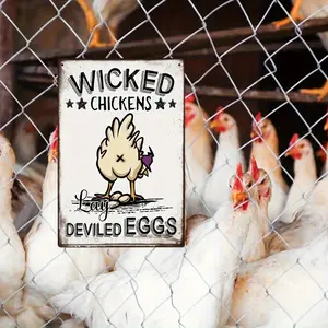 2D Flat, 1pc Vintage Wicked Chickens & Deviled Eggs Metal Sign - 8x12 Inch Rustic Wall Art for Kitchen, Restaurant Decor - Humorous Food-Themed Metal Plaque, No Electricity Needed, Chicken Decor, Retro Kitchen Art, 2D Flat