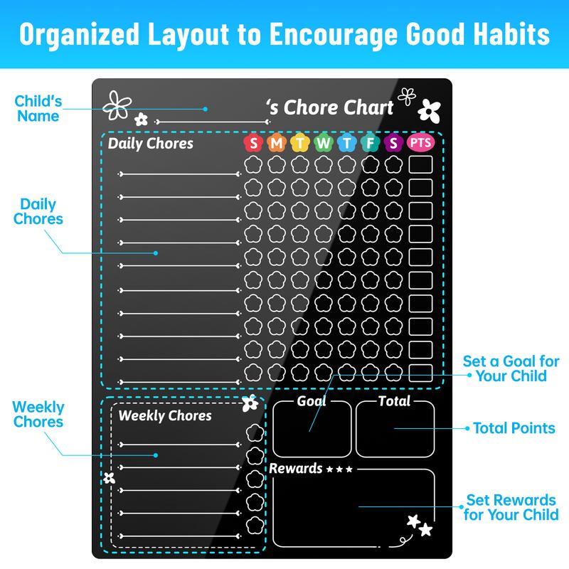 NiHome Magnetic Acrylic Chore Chart for Kids, 12"x9" Clear Black Background with 6 Hidden Strong Magnets, Scratch-Resistant Reusable Dry Erase Board for Fridge Organization and Daily Task Management