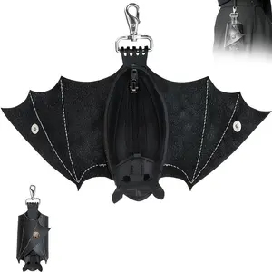 Handmade Gothic Bat Wings Coin Purse Faux Leather Hand Stitched Zipper Pouch Keychain for Bags Belts Fashion Accessory