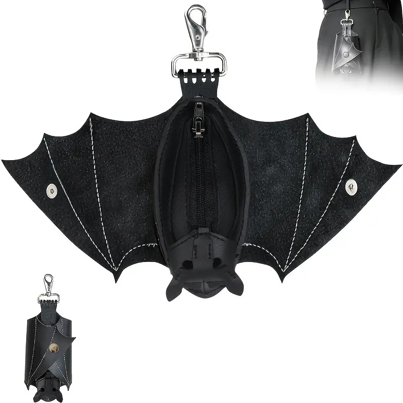 Handmade Gothic Bat Wings Coin Purse, Faux Leather Hand-Stitched Zipper Pouch Keychain for Bags and Belts, Fashion Accessory, Key Chain Accessories, Key Ring Accessory