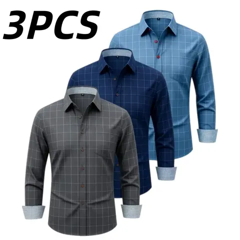 Men's 3-Piece Plaid Color Block Long Sleeve Shirt Set - Office-Ready, Weekend-Ready Business Casual Tops with Buttoned Notched Collar, Red Buttons, Blue & White Plaid Lining, Sharp Appearance, Visual Depth