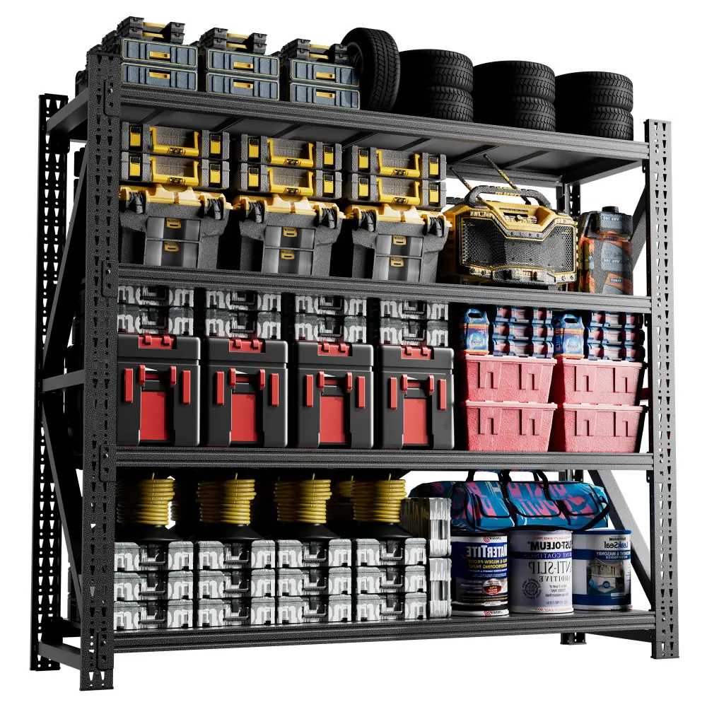 Heavy Duty Metal Adjustable Garage Shelf - 75"H x 79"W Industrial Organiser, 6000LBS Capacity Steel Storage Rack with Wall Installation for Warehouse, Black, Durable Holder, Rubber