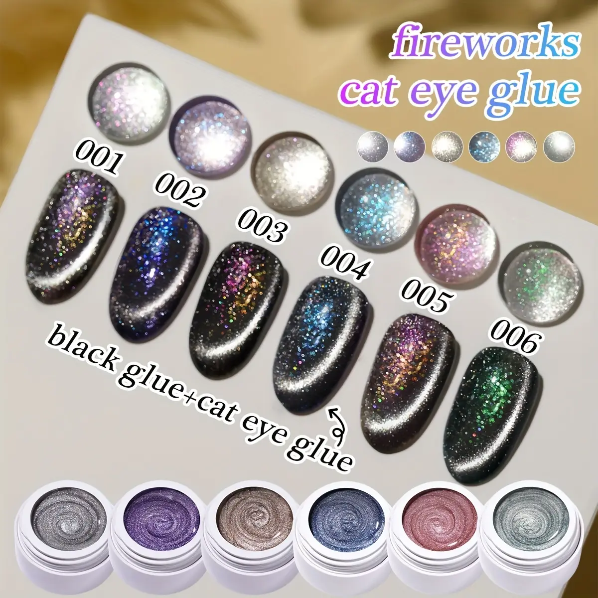 【MORDDA LIVE】Nail Art Fireworks Cat's Eye Gel 6 Color Set With Magnet, Sparkling Cat's Eye Gel Brilliant Gloss LED Gel Fashion Salon Nail Art Cat's Eye Art Design For Nail DI