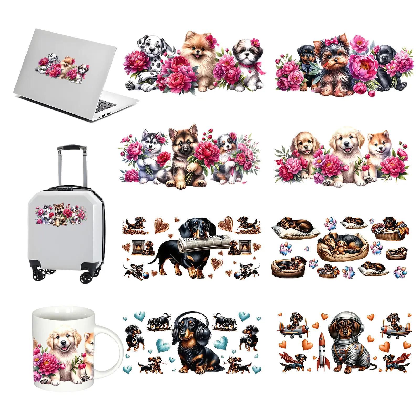 8PCS Bright 3D UV DTF Cup Wraps & Iron-On Transfers - Waterproof, Precision-Cut for 3D Effect Rub-On Custom Decals, Floral Animal Print Decor Stickers for Glass Cups, Tumblers, Furniture (6 Cute Dog Designs, for Glassware Enthusiasts)