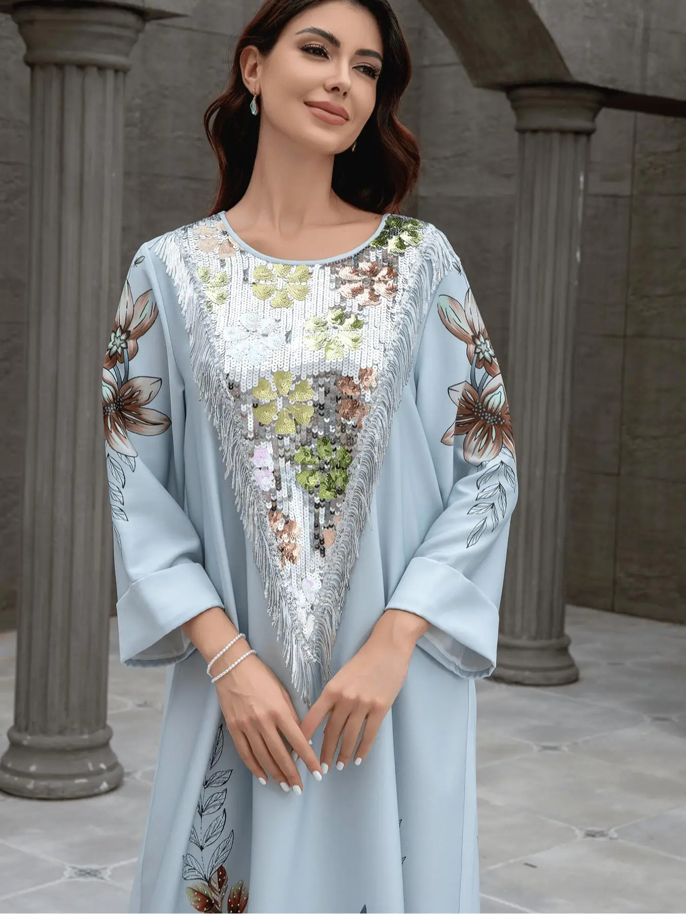 Women's Floral Print Round Neck Dress, Elegant Long Sleeve Crew Neck Dress for Party Holiday Wedding, Ladies Clothes for All Seasons