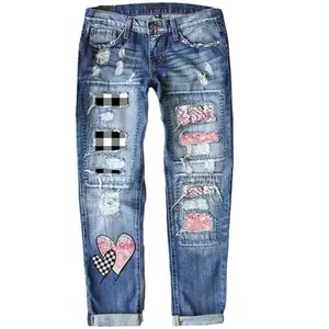 Women's Distressed Denim Jeans with Heart Patchwork Graffiti Letter Checkered Decor High Waist Casual Pants for Festive Outfits