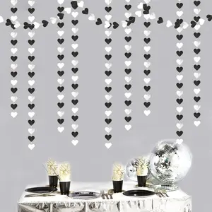 1Set Black White Silvery Party Decorations - Heart-Shaped Garland Birthday New Year's Eve Hanging Background Banner for Graduation Engagement Wedding Bachelorette Party Supplies Surprise Decor