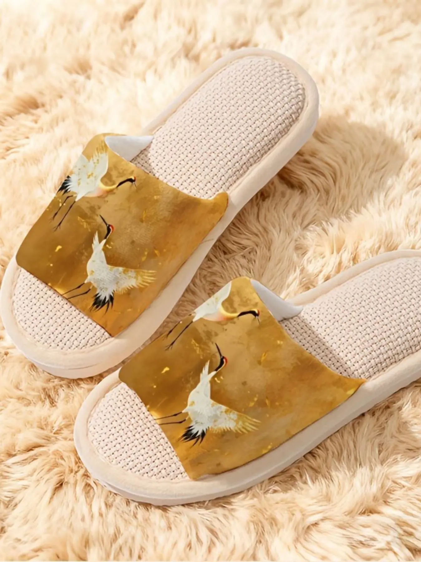 Chinese Style Crane Home Slide Slippers, Footwear, Waffle Hemp Breathable, New Traditional Elegant All-Season Soft Sole Shoes