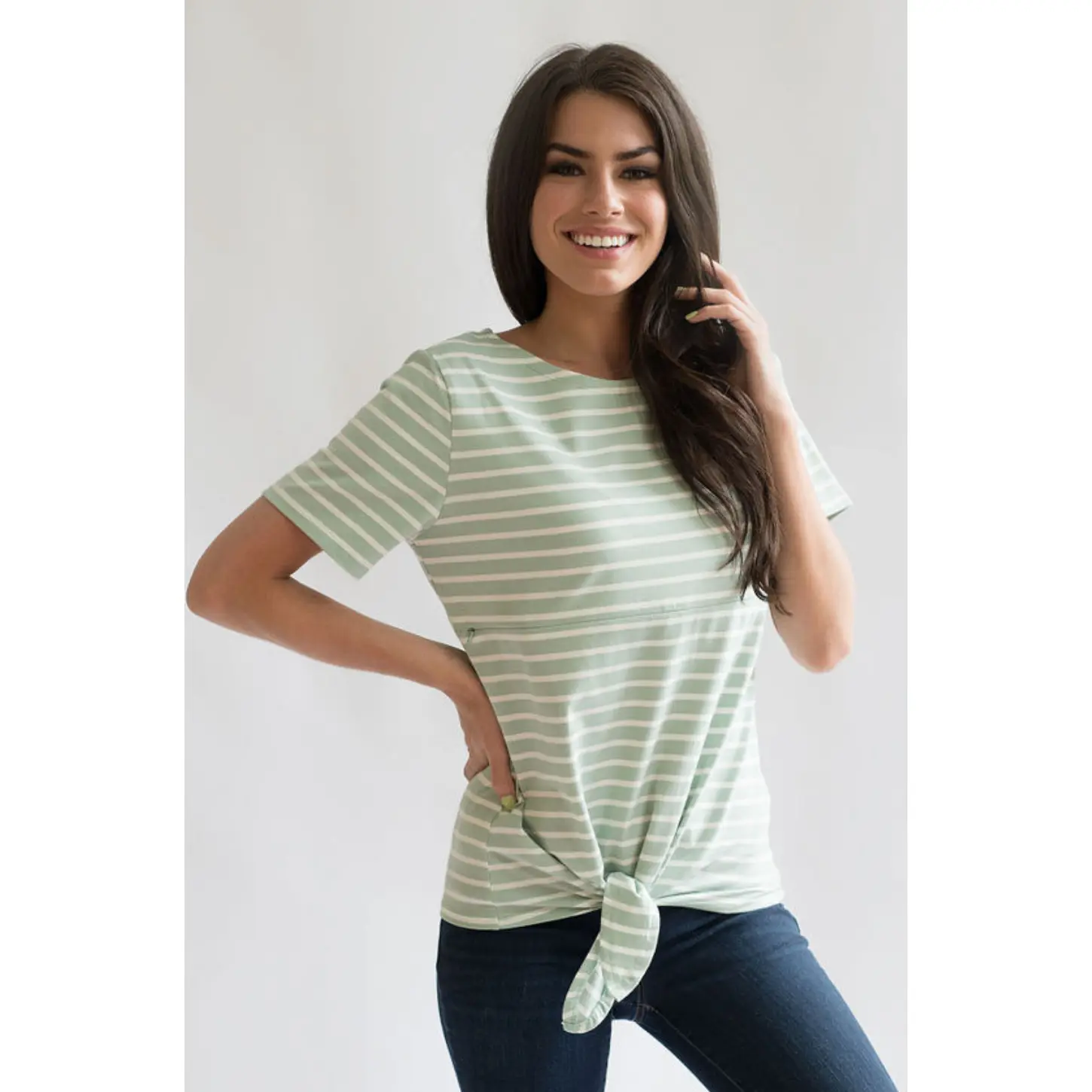 Striped Cotton Nursing T-Shirt With Front Tie- Hidden Zipper - Mint/White