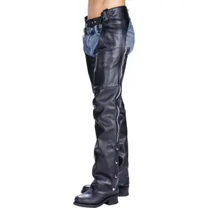 LKM5723 Classic Black Leather Unisex Motorcycle Riding Biker Chaps for Men and Women