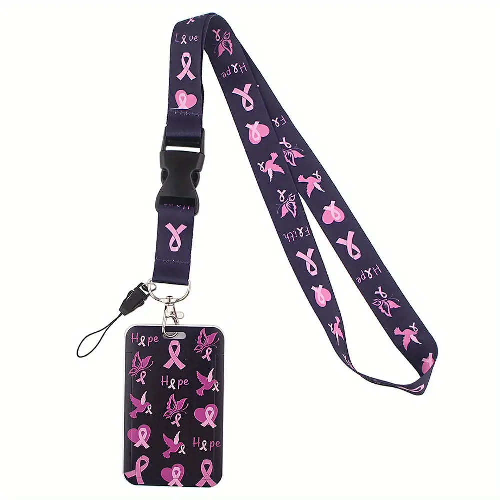 1pc Pink Ribbon Horizontal Lanyard For Keys ID Credit Bank Card Cover Badge Holder Business Women Phone Charm Key Lanyard Accessories