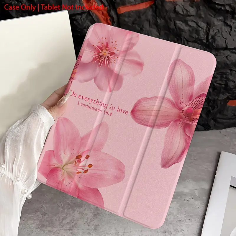 Pink Lily Tablet Case with Adjustable Stand, Pencil Holder, Foldable Non-Slip TPU Cover for iPad Mini, iPad Air, iPad Pro, iPad 10th/11th Gen and Samsung Tablets — Portable, Protective, Folding Easily Accessories
