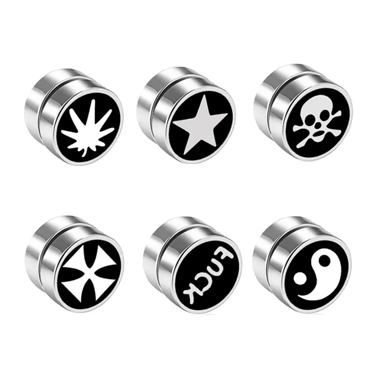 OIDEA Unisex Magnetic Stud Earrings, 6-Pair Mixed Pattern Fake Piercing Style Set, Polished Stainless Steel for Daily Outfits, Parties & Concerts, Polished Metal, Compact, Magnetic Studs