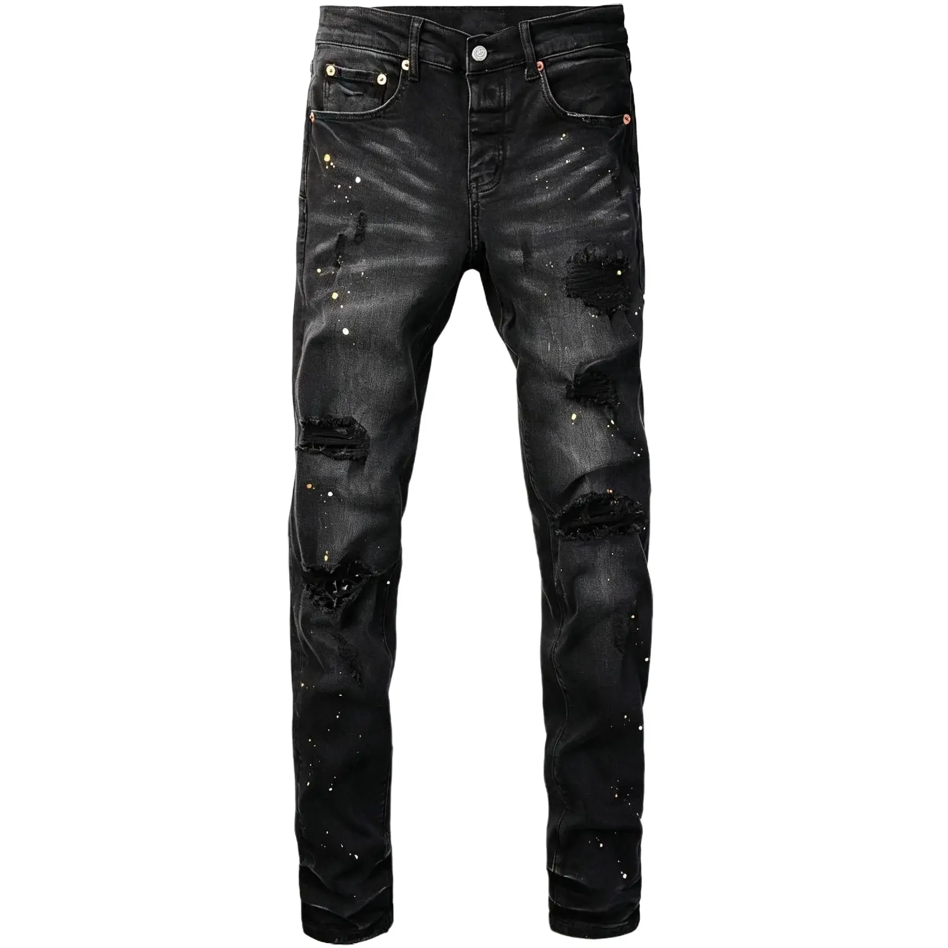 Men’s high-stretch distressed slim-fit jeans; distressed denim long pants with frayed edges and multiple rips; gold-and-white hand-splatter street-style tapered casual pants; men’s bottoms—slim-fit, stretchy, wrinkle-resistant, skin-friendly denim long pa