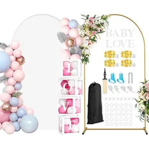 7.2FT Arch Backdrop Stand and Cover Set, Arch Stand with White Cover Stretchy Backdrop, Balloon Boxes with Letters Tying Tool for Wedding Baby Shower Gender Reveal Birthday Decorations