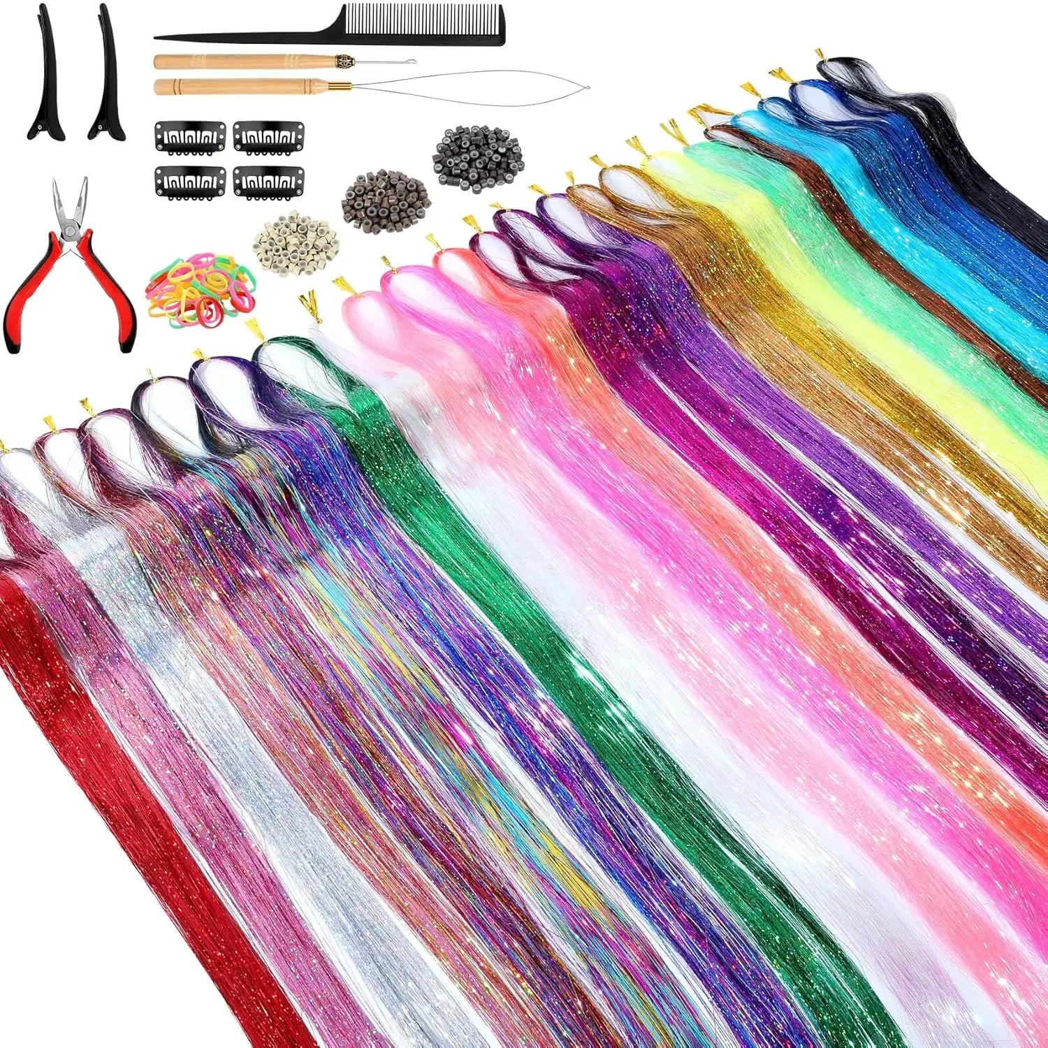 Hair Tinsel Kit (48 Inch, 24 Colors, 6000 strands), Tinsel Hair Extensions with Tools, Heat Resistant Glitter Hair Tinsel Kit for Women Hair Accessories