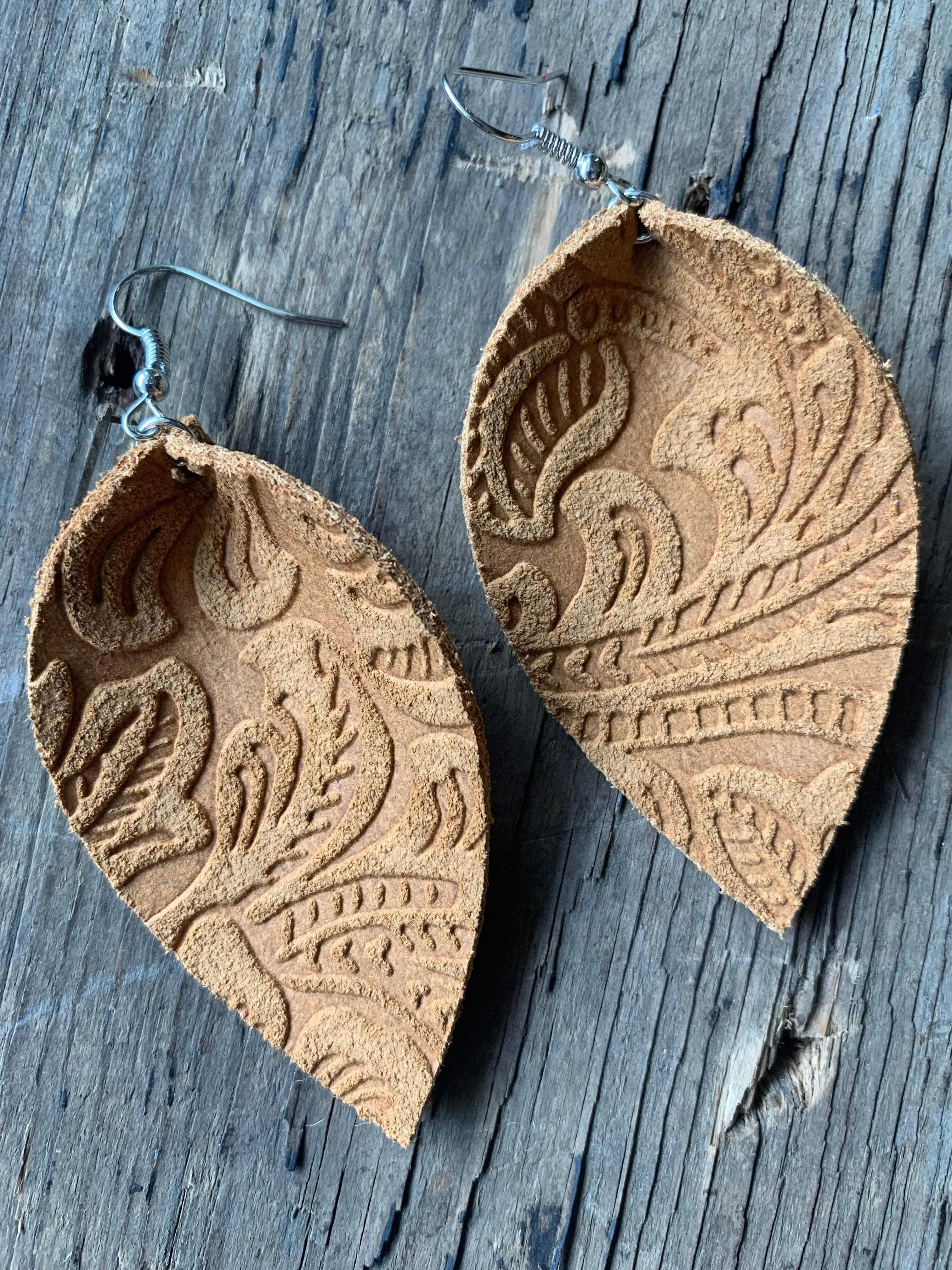 Light brown carved suede earrings