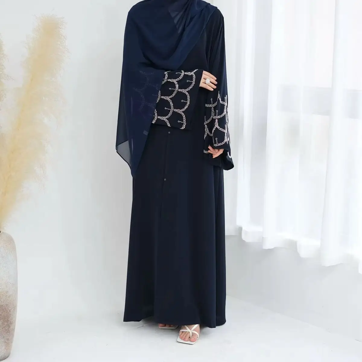 Twin Garb Solid Open Abaya Navy Blue Maxi Dress with Silver Embellished Sleeves Soft Nida Fabric Flowy Silhouette All-Season Wear Elegant for Formal G