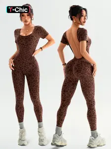 Women's Seamless High Stretch Leopard Print Backless Short Sleeve Long Pants Jumpsuit Butt Lifting Tight Yoga Sports Gym Sporty Jumpsuit Sportswear Jumpsuits