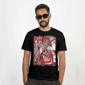 F.E.T.T.E.R.S. T-SHIRT “TBI 5150,” referencing both traumatic brain injury and California’s legal code for involuntary psychiatric hold. Expressive brushwork, exaggerated anatomy, and layered textures create a visceral and thought-provoking visual impact.