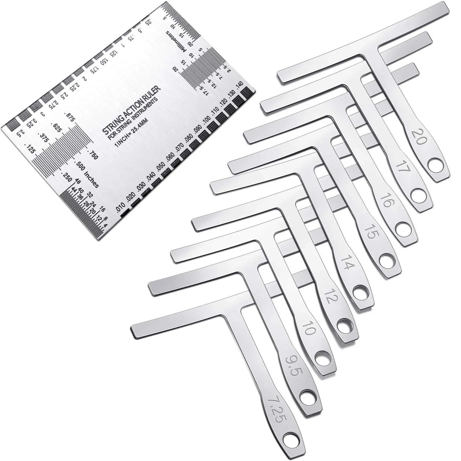 10 Pieces Guitar Luthier Tools Include 9 Understring Radius Gauge And 1 String Action Ruler Measuring Tool For Bass Setup (silver)