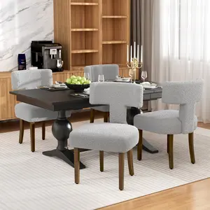 (Set Of 4) Dining Chairs Boucle Fabric Lamb Upholstered Wooden T-Shape Back Armless Accent Chair thick cushion chair set