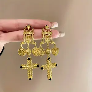 Cross earrings- Gold Design with Black Accents and Crown Motif Jewelry Piece