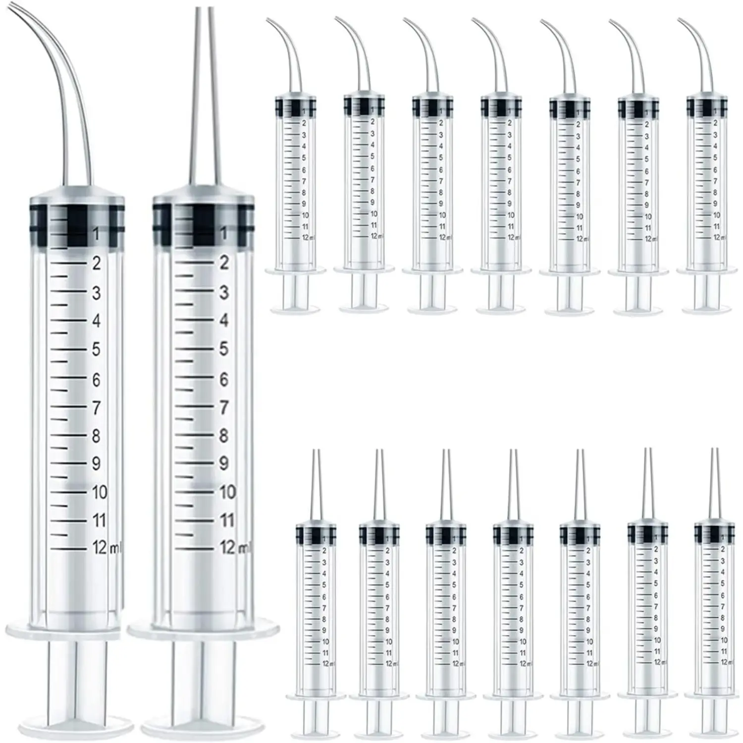 16PCS 12ml/cc Plastic Syringes Set, Syringe with Curved Tip and Straight Tip, Disposable Irrigation Syringe Mouthwash Cleaner for Oral Care, Animal Feeding, with Measurement
