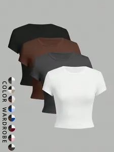 Women's Knitting Solid Round Neck Fitted Crop Tee, Casual Short Sleeve T-Shirt Tops for Daily Wear, Spring Ladies Clothes for All Seasons