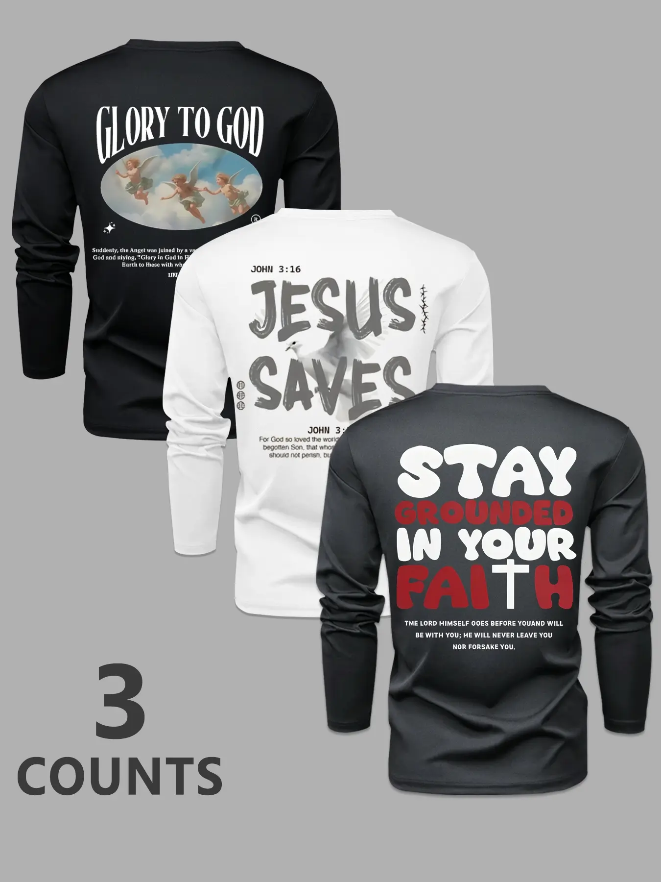 Men's 3-Piece Set Jesus & God Letter Print Round Neck Long Sleeve T-Shirts Tops Fabric, Casual Stylish Outdoor Wear for Spring & Fall, Fitted Style Apparel Clothes