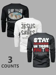 Men's 3-Piece Set Jesus & God Letter Print Round Neck Long Sleeve T-Shirts Tops Fabric, Casual Stylish Outdoor Wear for Spring & Fall, Fitted Style Apparel