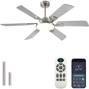 52 Inch Low Profile Ceiling Fan with Light, Remote & App Control, 3CCT Dimmable,6 Speed 6  Ceiling Fans, Quiet Reversible DC , Modern Nickel Ceiling Fan for Bedroom Living Room