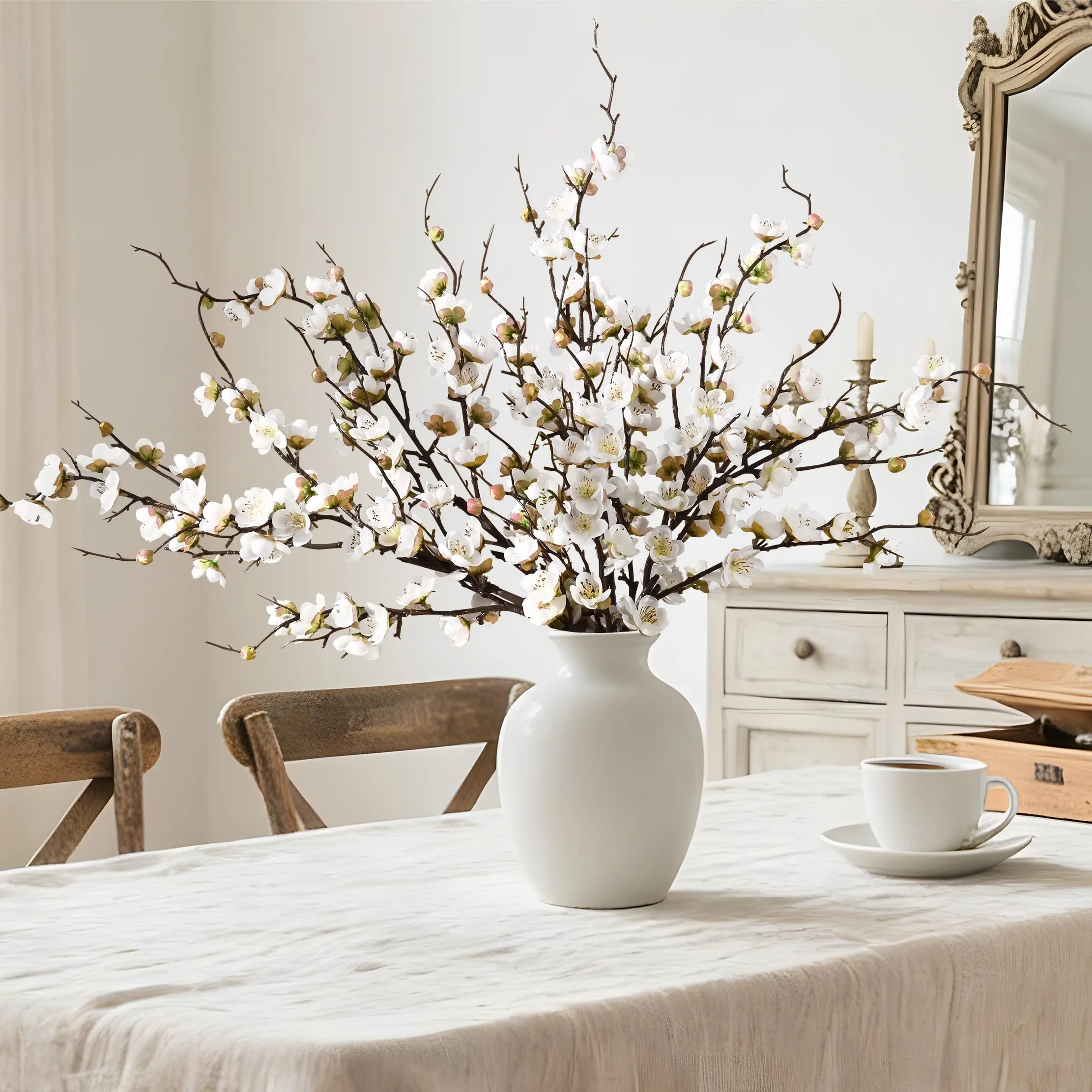 Waipfaru 4-Pc Decorative Faux Flowers Set Pack, 36 in Faux Cherry Blossom Branch Decor with Long Stems for Tall Vases, Spring Home Decoration (White)