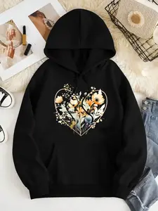 Women's Floral & Heart Print Drop Shoulder Fleece Hoodie, Fashion Casual Drawstring Pocket Hooded Sweatshirt for Daily Holiday Outdoor Wear, Women Clothing for Fall & Winter