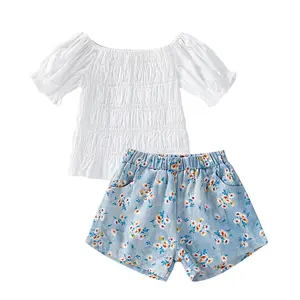 Imcute Girls Casual Two-piece Clothes Set, White Solid Color Round Collar Short Sleeve Tops + Shorts