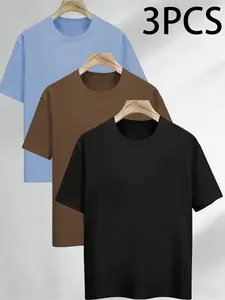 3-Pack Solid Color Short Sleeve Round Neck T-Shirts, Casual Classic Trendy Street Fashion, Durable Fabric, Summer Wear