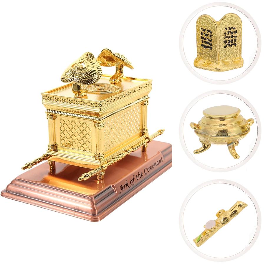 Elegant Gold-Plated Jewish Symbol Israel Ark of the Covenant Metal Model - 2 Styles Small Alloy Ornate Traditional Decor Sculpture Ornaments with 3 Pieces (Aaron's Rod, Tablets, Manna Pot) for Home Decoration, Religious Collectibles