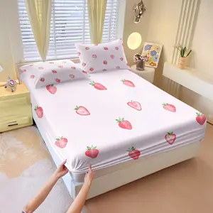 Light Pink Strawberry Print Bed Sheet Set, Includes 1 Fitted Sheet & 2 Pillowcases without Filler, sweet & lively, soft, skin-friendly & breathable, creates sweet girlish bedroom, great for daily use & gifting.