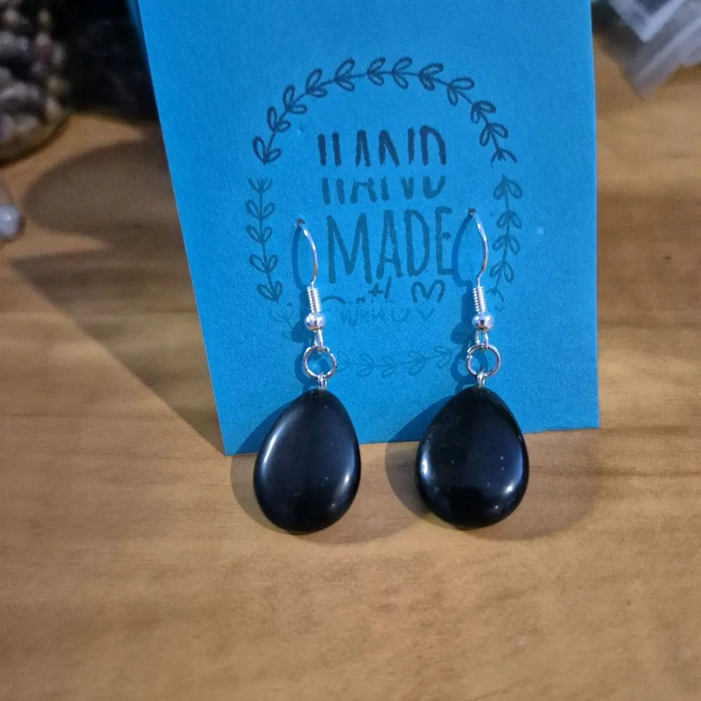 Handmade Teardrop Earrings with Black Beads and Silver Hooks for Women