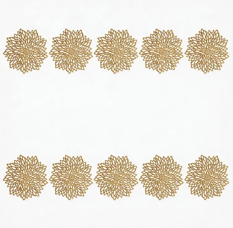 Round gold placemat set (10 pieces), size 3.9 inches, with insulation function, floral pattern, suitable for kitchen, dining table, holiday table, spring wedding decoration and party supplies.