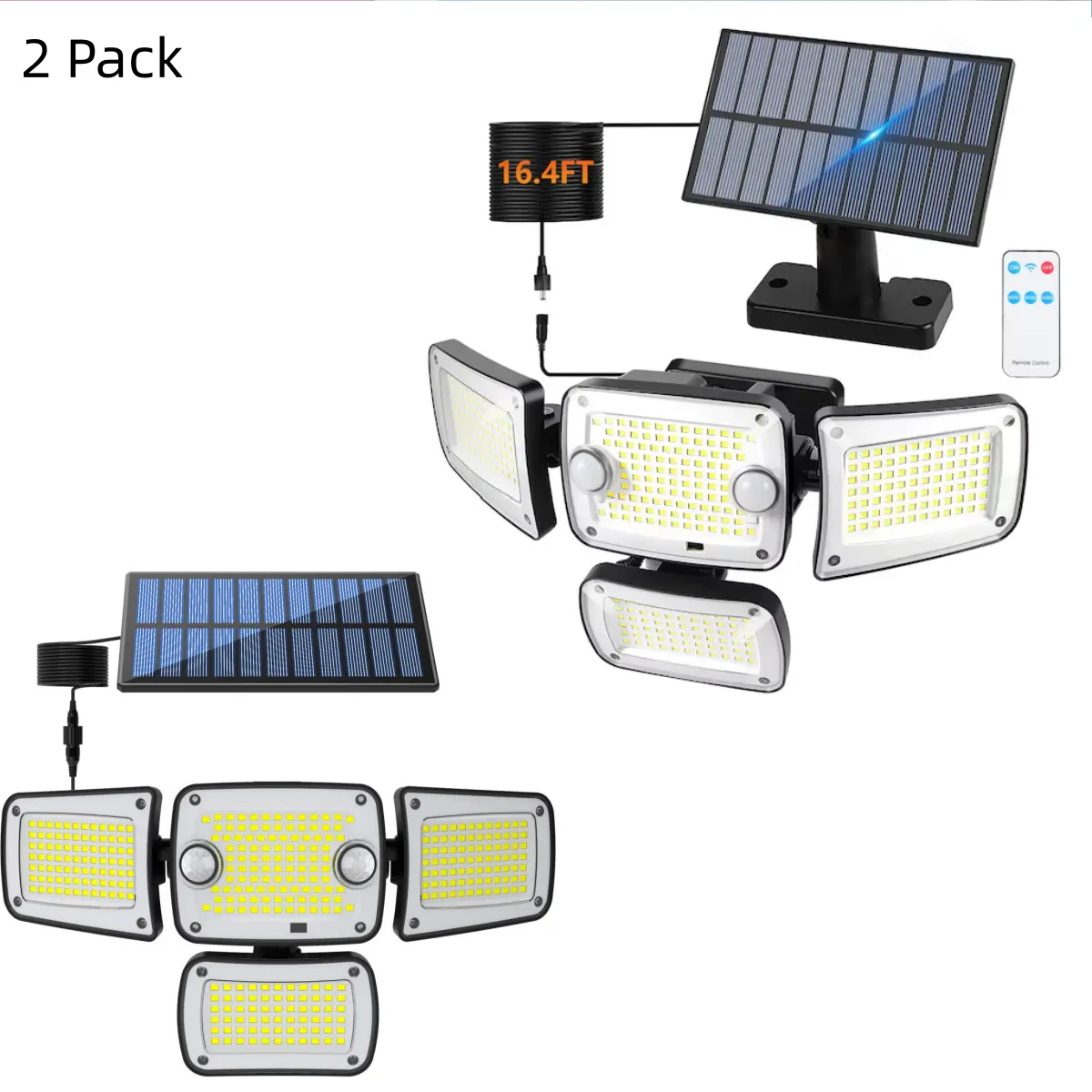 2 Pack Outdoor Solar Motion Sensor Flood Light, 4 Adjustable Heads, 270° Wide Angle, Dual PIR Sensors, 40ft Detection, 3 Lighting Modes for Backyard, Garden, Garage, Porch